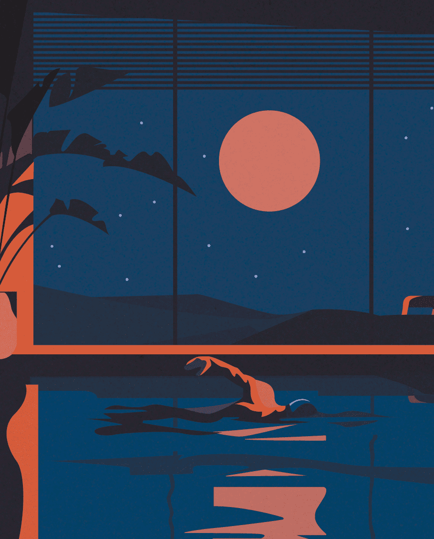 drawing in Illustrator who a man swims in its night pool.